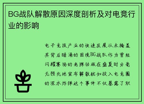BG战队解散原因深度剖析及对电竞行业的影响