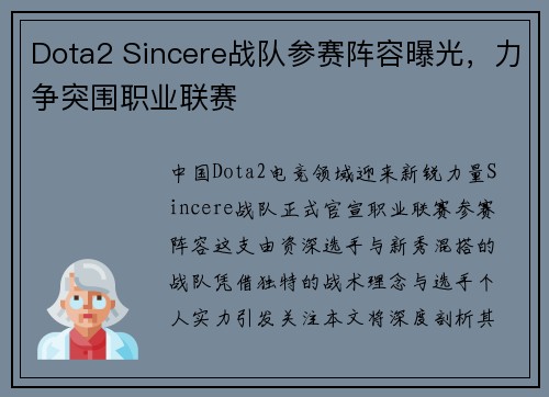 Dota2 Sincere战队参赛阵容曝光，力争突围职业联赛