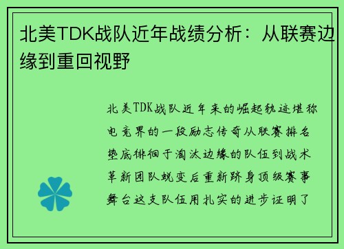 北美TDK战队近年战绩分析：从联赛边缘到重回视野